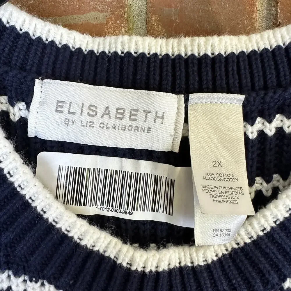 Elisabeth by Liz Claiborne White/Red/Navy‎ Blue Striped Long Tunic Sweater 2XL